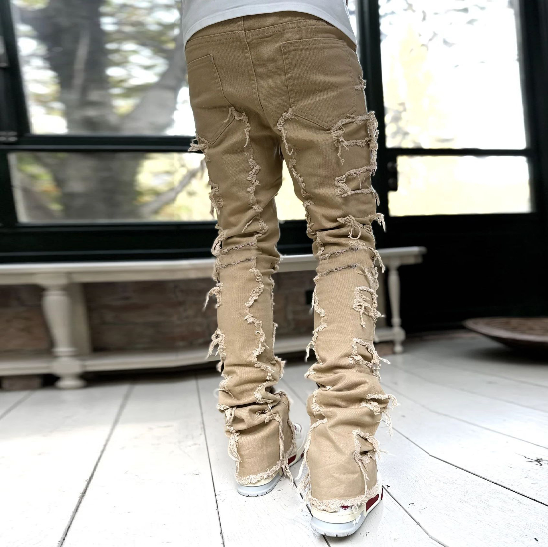 Men's Street Fashion Stretch Patch Denim Straight Leg Pants-Uraldept Trendy Clothing Store