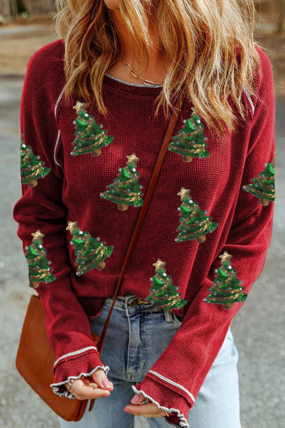 Christmas Tree Sequin Waffle Knit Long Sleeve Sweatshirt-LL Trendy Clothing Store