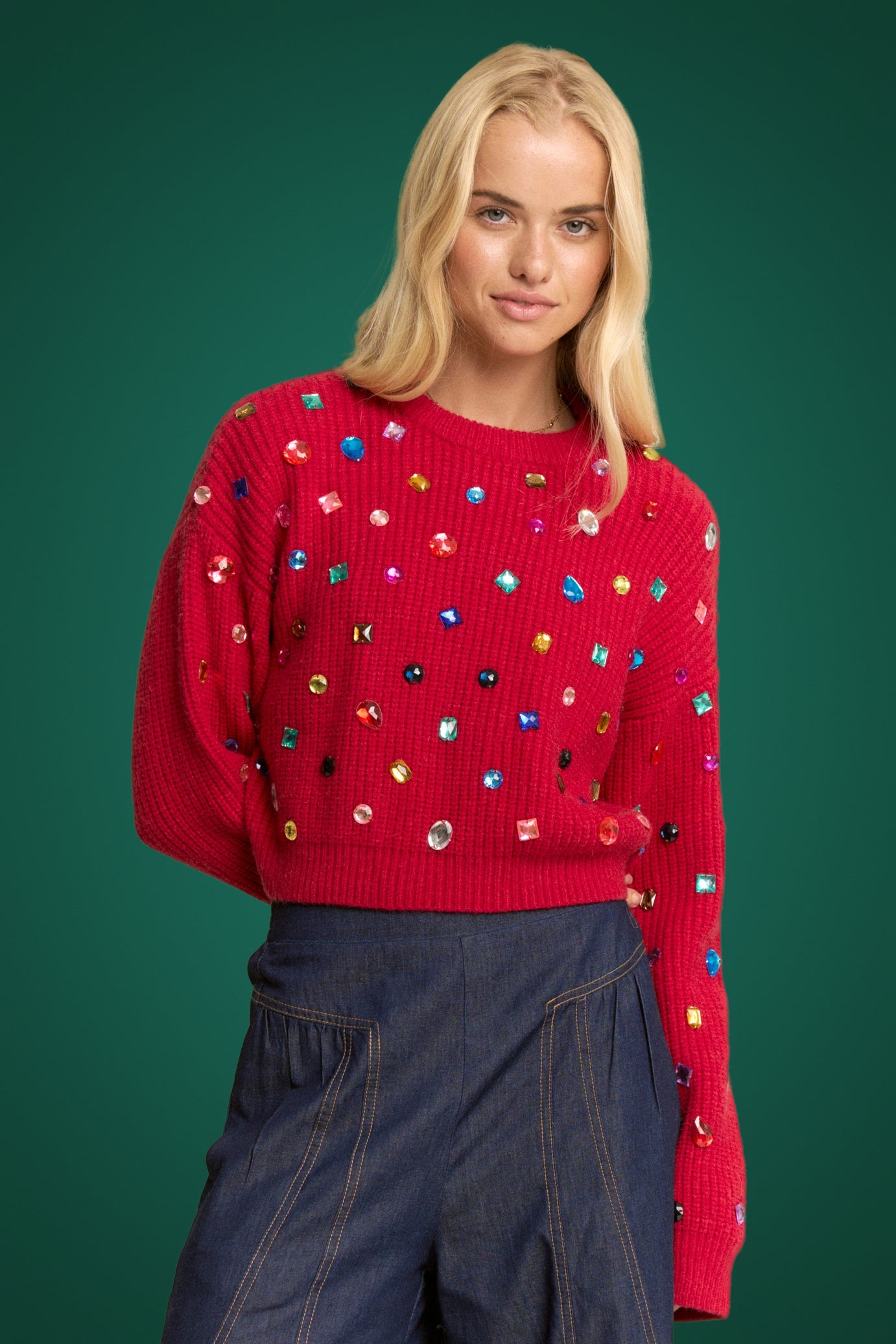 RHINESTONE RED SOFT KNIT SWEATER RTS-LL Trendy Clothing Store
