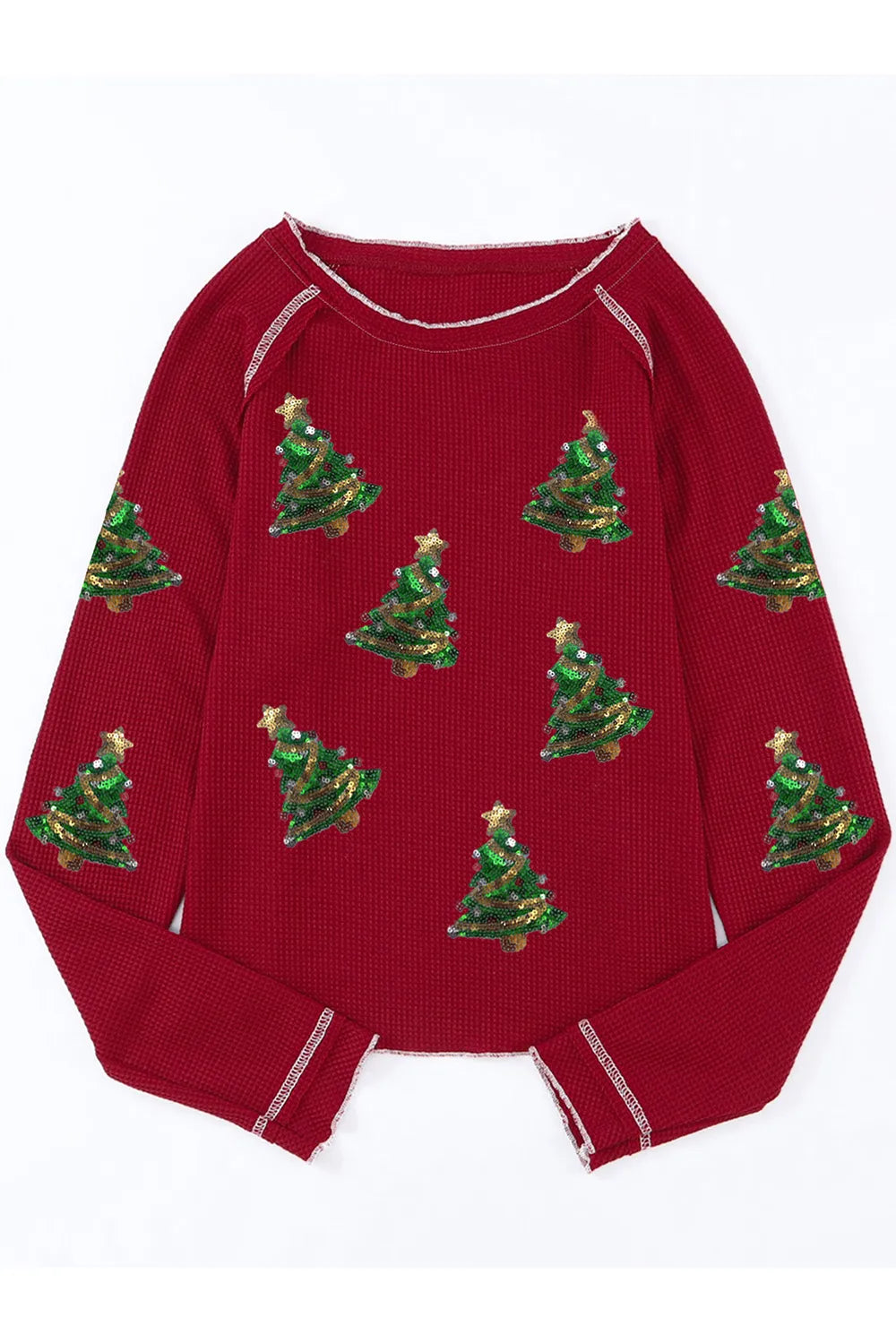 Christmas Tree Sequin Waffle Knit Long Sleeve Sweatshirt-LL Trendy Clothing Store