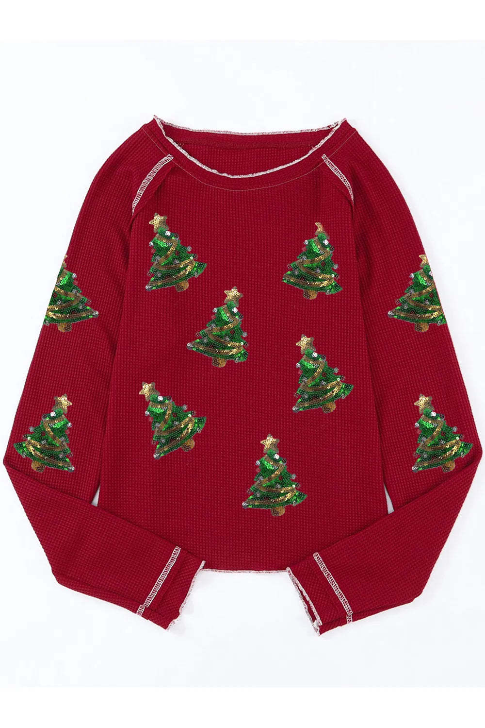 Christmas Tree Sequin Waffle Knit Long Sleeve Sweatshirt-LL Trendy Clothing Store