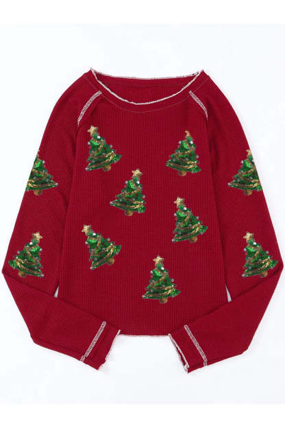 Christmas Tree Sequin Waffle Knit Long Sleeve Sweatshirt-LL Trendy Clothing Store