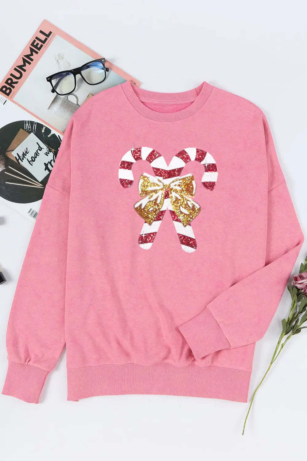Sequin Candy Cane Round Neck Slit Sweatshirt-LL Trendy Clothing Store