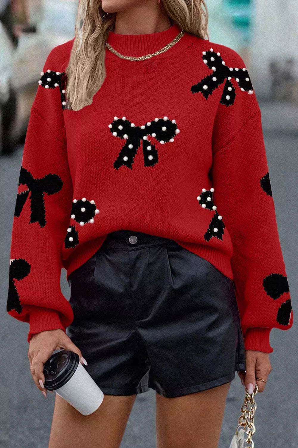 Pearl Bow Red Sweater (ships 2-3 weeks)-LL Trendy Clothing Store