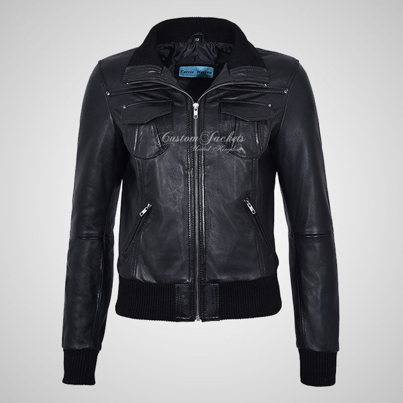 CORAL Ladies Fitted Bomber Leather Jacket Soft Lambskin Blouson-LL Trendy Clothing Store