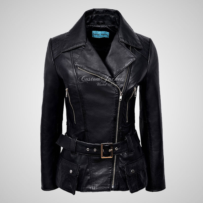 MOLLY Women Belted Biker Leather Jacket Lambskin Leather-LL Trendy Clothing Store