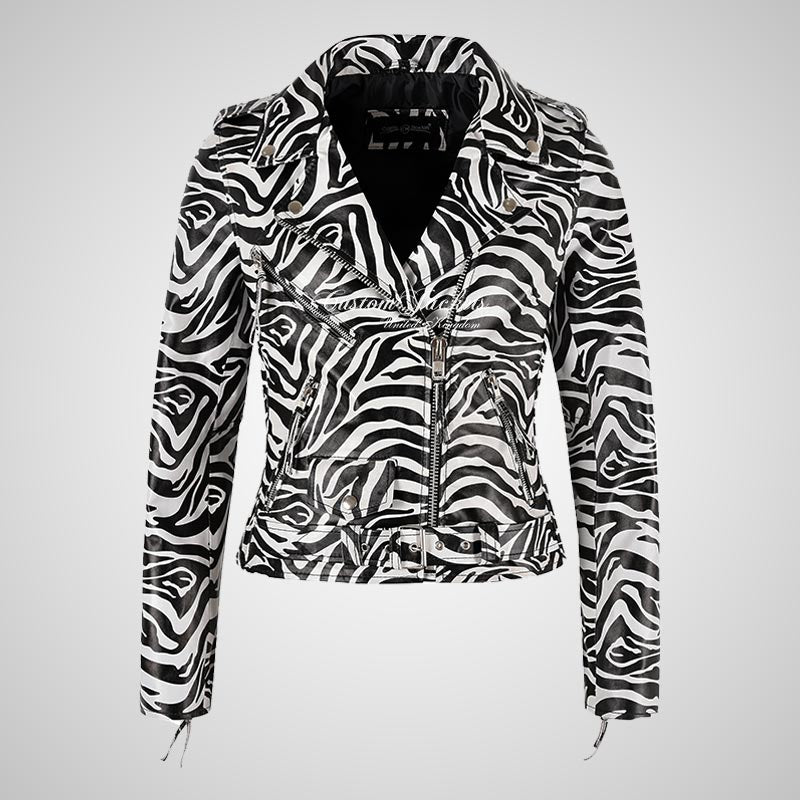 BRANDO Ladies Leather Biker Jacket in Zebra Print-LL Trendy Clothing Store