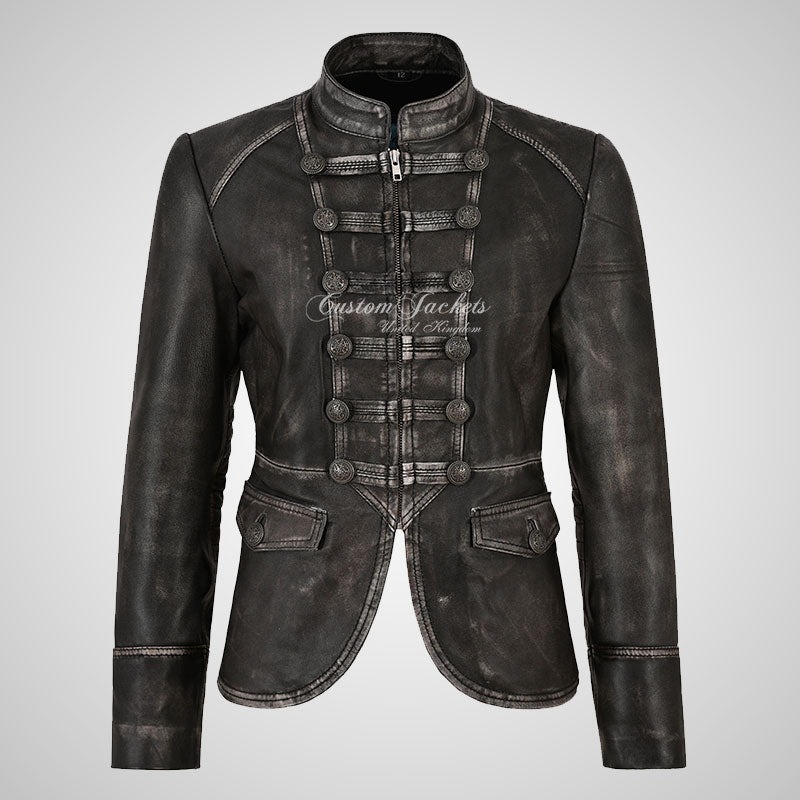 MILITARY Style Ladies Short Studded Leather Jacket Vintage Waxed Leather-LL Trendy Clothing Store