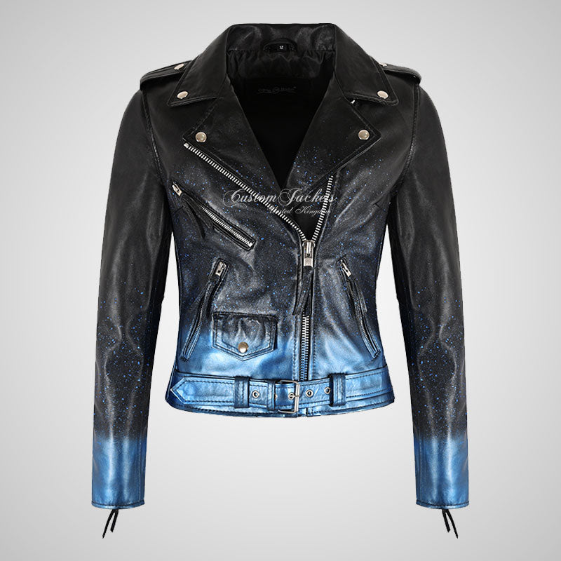 BRANDO Women Leather Biker Jacket Blue Sparkle Rocker Jacket-LL Trendy Clothing Store