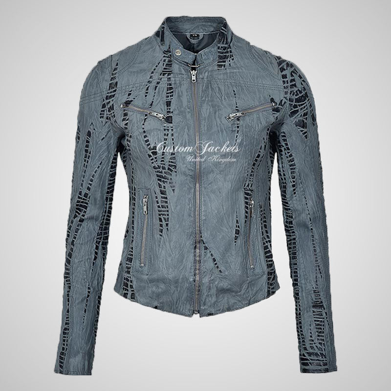 VERVE Croc Print Ladies Biker Leather Jacket Grey-LL Trendy Clothing Store