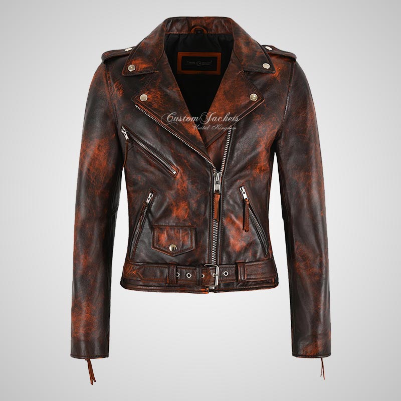 BRANDO Ladies Leather Biker Jacket in Rustic Orange Waxed-LL Trendy Clothing Store