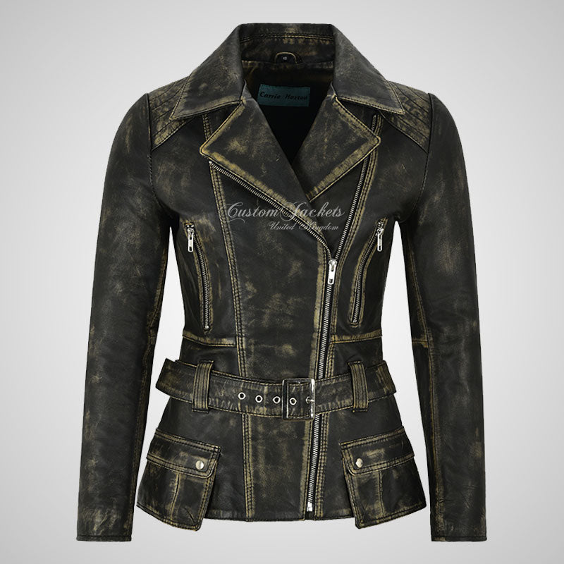 MOLLY Women Vintage Belted Biker Leather Jacket Lambskin Leather-LL Trendy Clothing Store