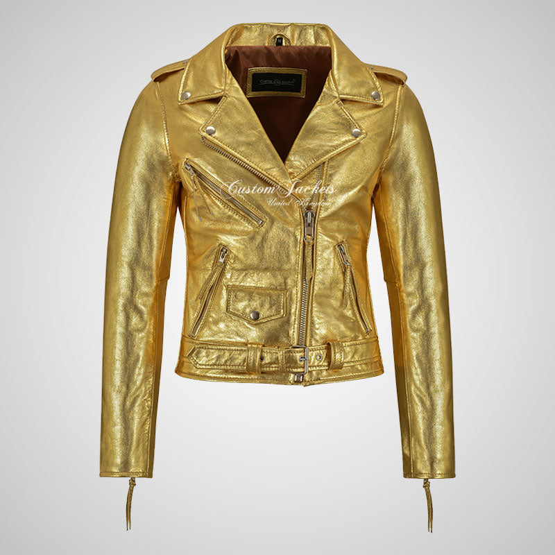 BRANDO Ladies Biker Leather Jacket: Stunning Golden and Silver Colors-LL Trendy Clothing Store