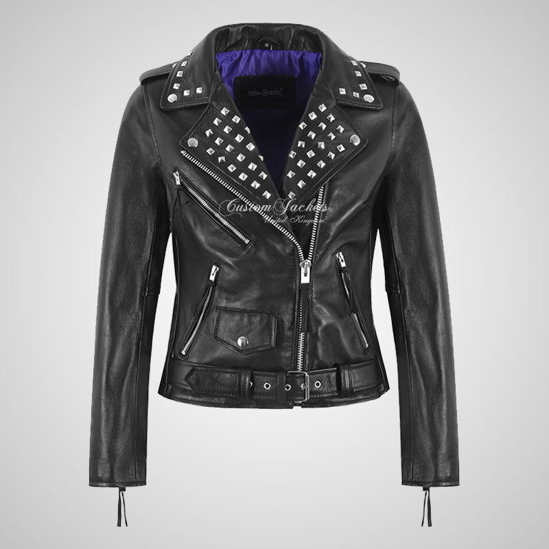 ROCKER Women Leather Studded Biker Jacket Black-LL Trendy Clothing Store