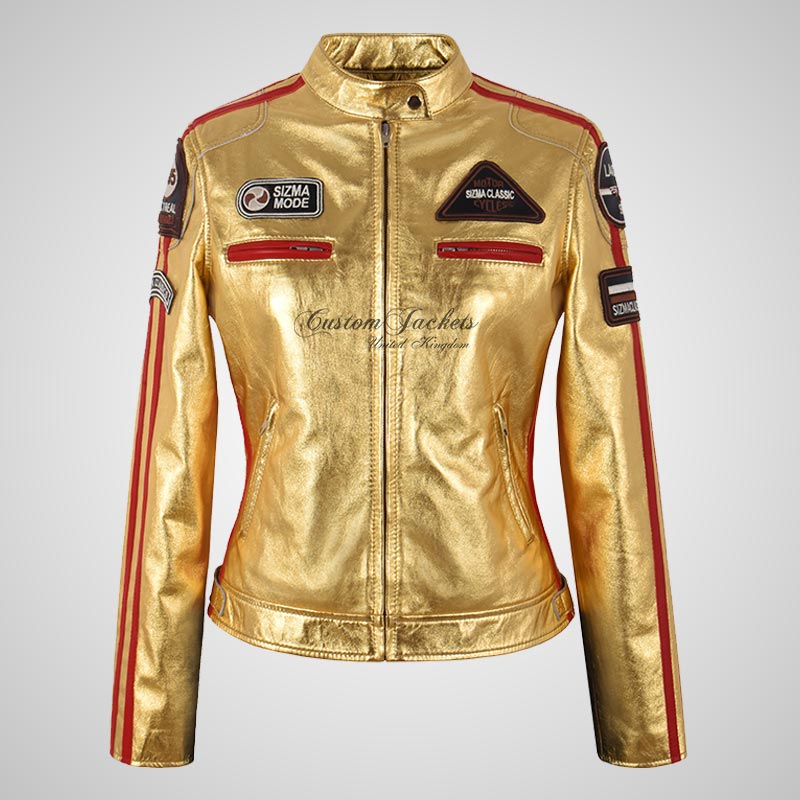 LDS SIZMA Golden and Silver Biker Leather Jacket for Women-LL Trendy Clothing Store