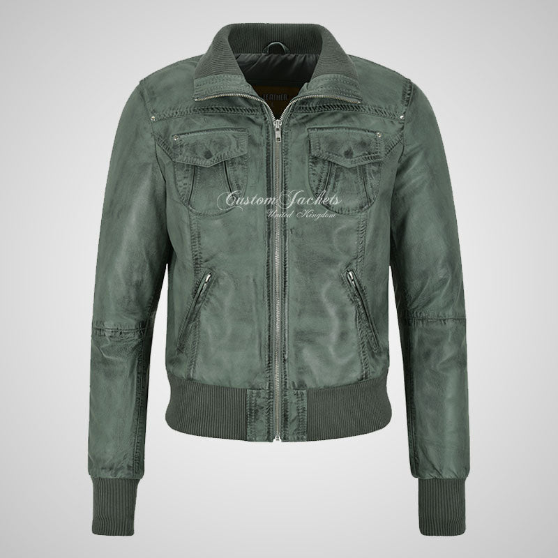 CORAL Ladies Fitted Bomber Leather Jacket Soft Lambskin Blouson-LL Trendy Clothing Store