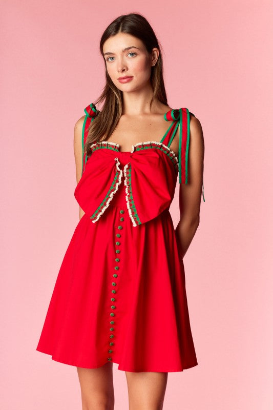 Red Bow & Button Dress RTS-LL Trendy Clothing Store