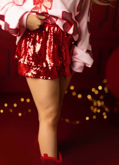 Sequin Red Party Skort (PREORDER)-LL Trendy Clothing Store