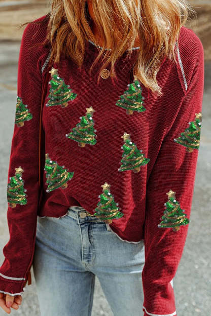 Christmas Tree Sequin Waffle Knit Long Sleeve Sweatshirt-LL Trendy Clothing Store