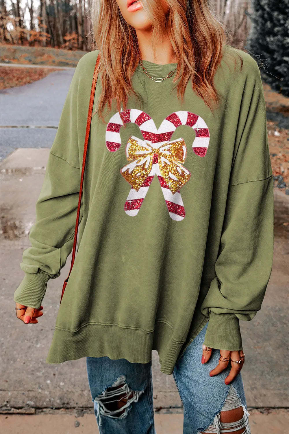 Sequin Candy Cane Round Neck Slit Sweatshirt-LL Trendy Clothing Store