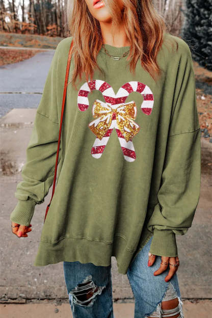 Sequin Candy Cane Round Neck Slit Sweatshirt-LL Trendy Clothing Store