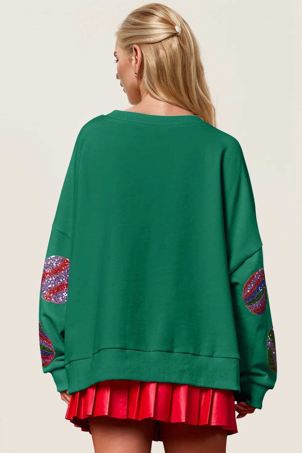 Double Take Christmas Element Sequin Round Neck Long Sleeve Sweatshirt-LL Trendy Clothing Store