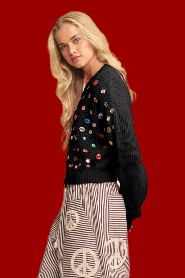 RHINESTONE BLACK SOFT KNIT SWEATER RTS-LL Trendy Clothing Store