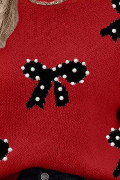 Pearl Bow Red Sweater (ships 2-3 weeks)-LL Trendy Clothing Store