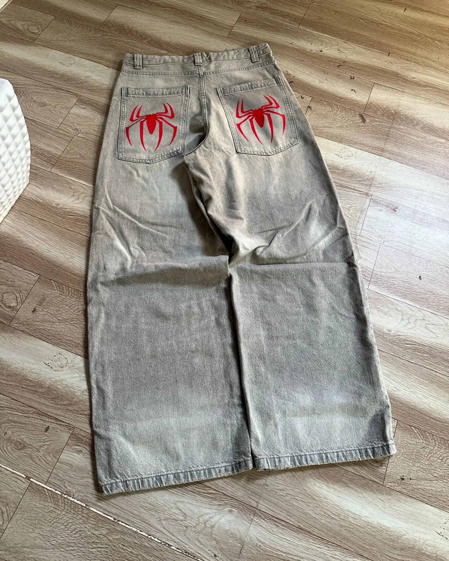 Harajuku Gothic Vintage Grey Punk Spider Print Baggy Jeans Hip Hop Streetwear Jeans Y2K Pants Mens High Waist Wide Leg Trousers-Uraldept Trendy Clothing Store