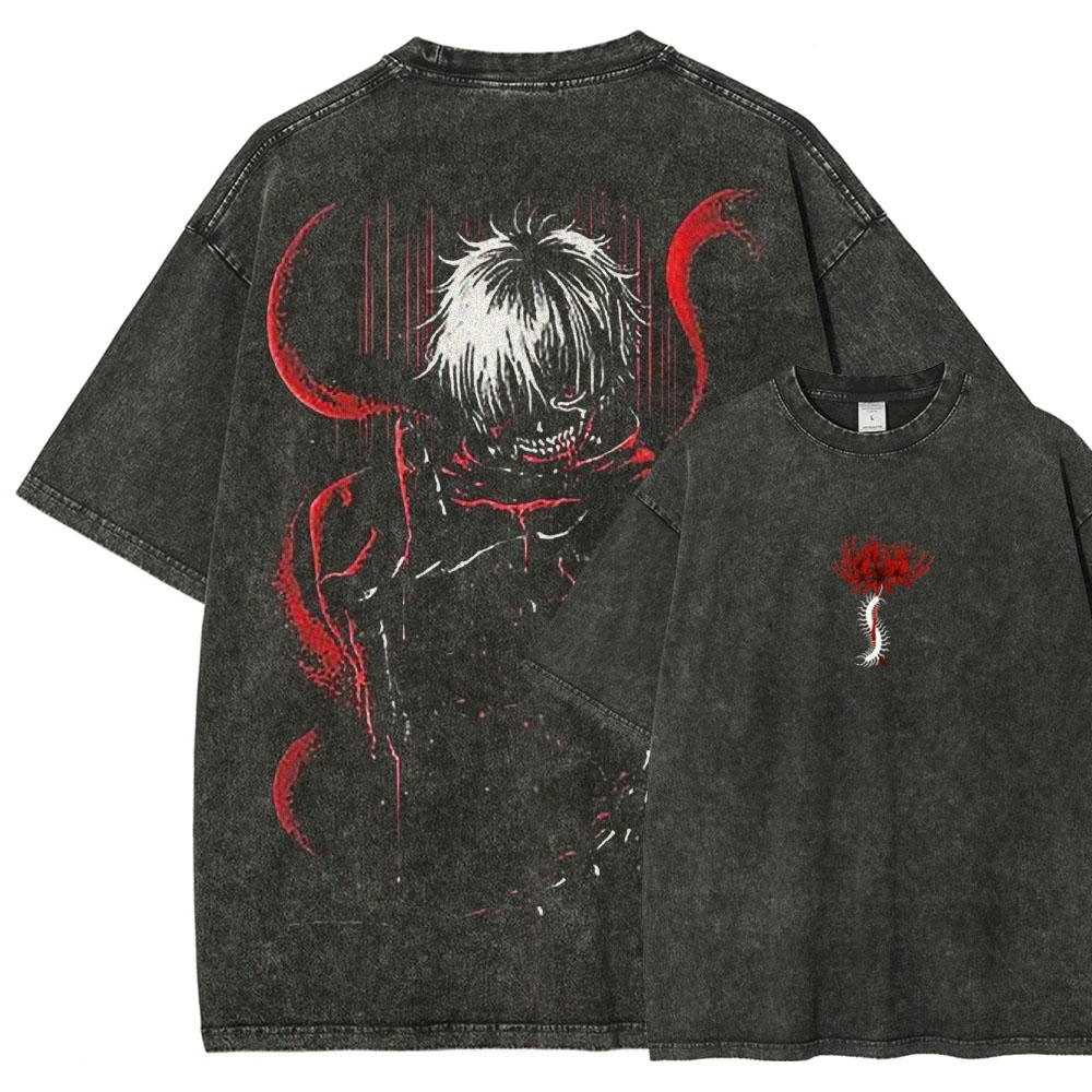 Kaneki Ken Red Spider Lily Centipede Tokyo Ghoul Unisex Fit Washed T-Shirt-Uraldept Trendy Clothing Store