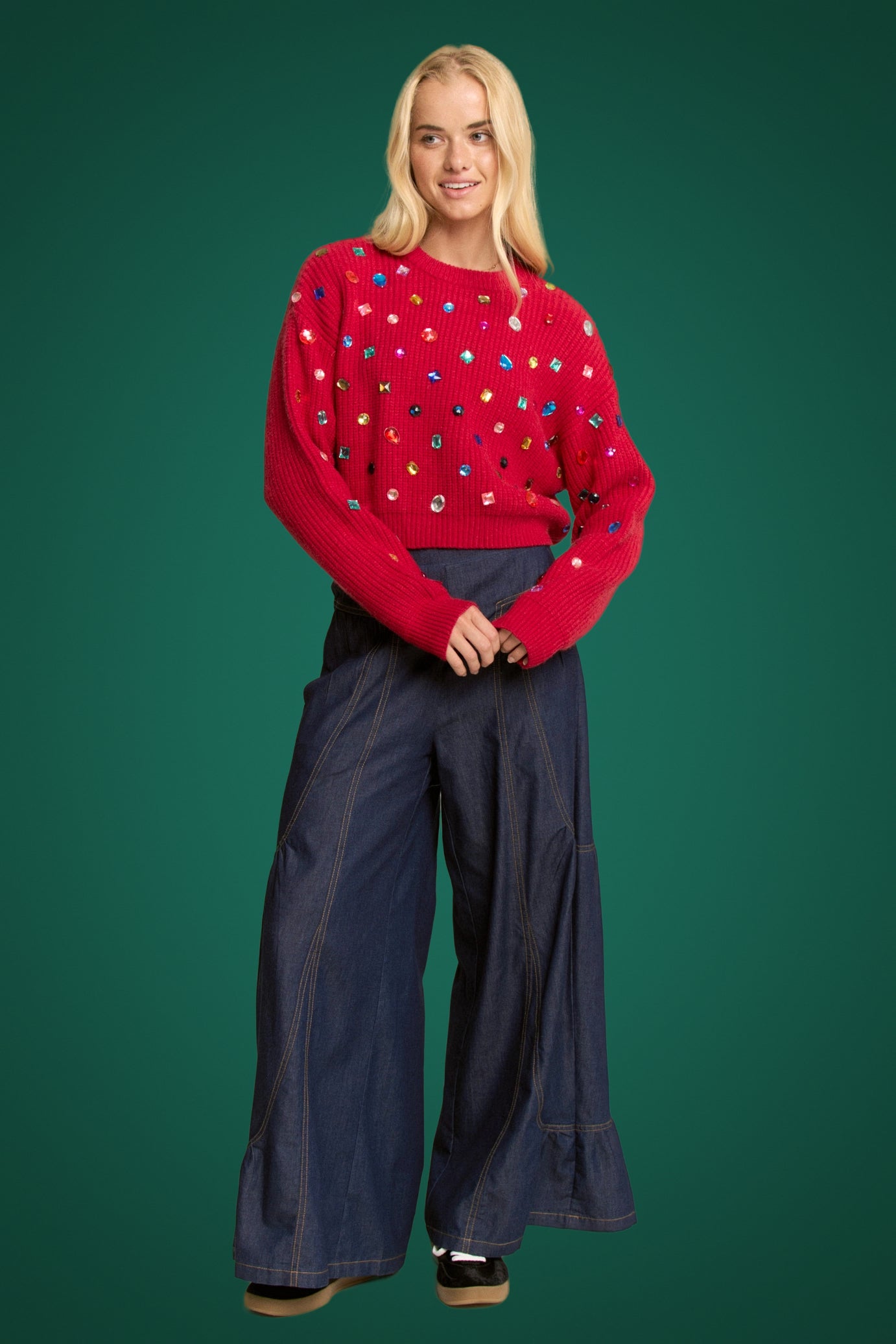 RHINESTONE RED SOFT KNIT SWEATER RTS-LL Trendy Clothing Store