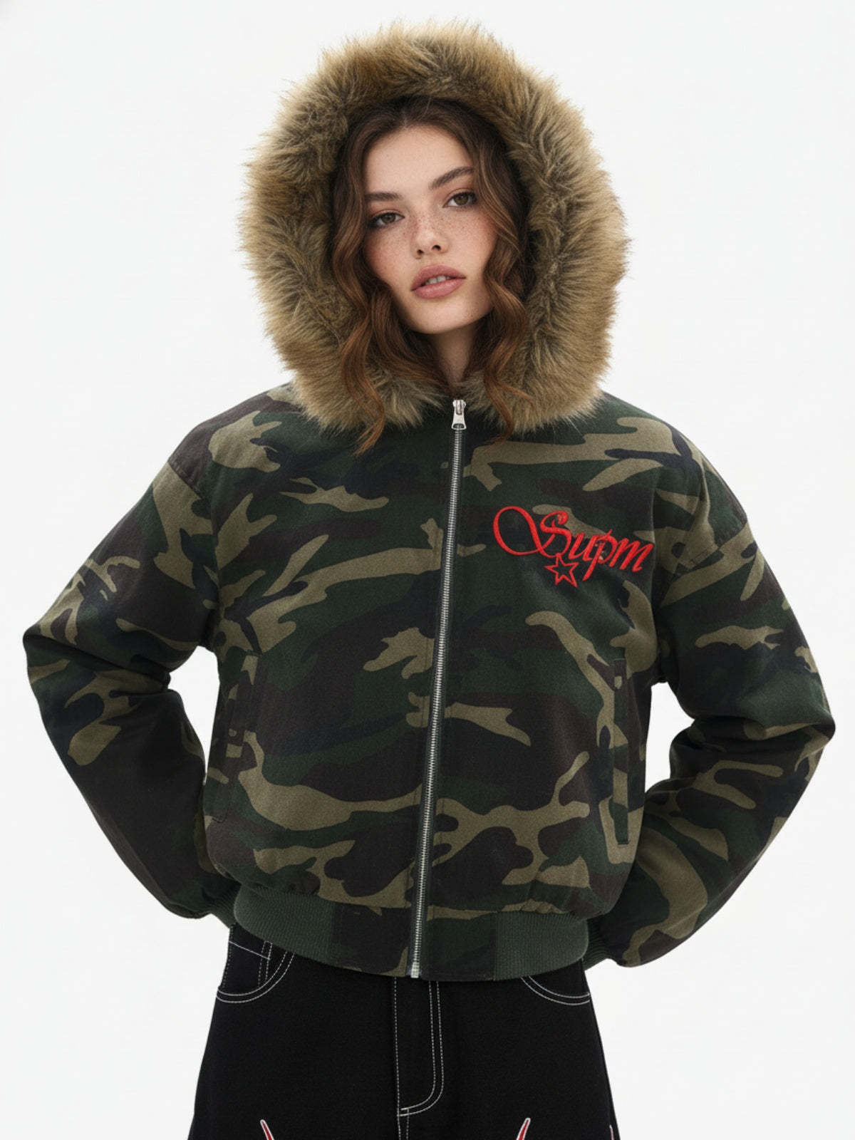 Embroidered Detachable Fur Hooded Jacket