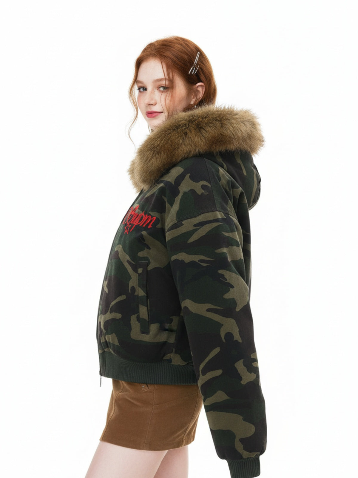 Embroidered Detachable Fur Hooded Jacket