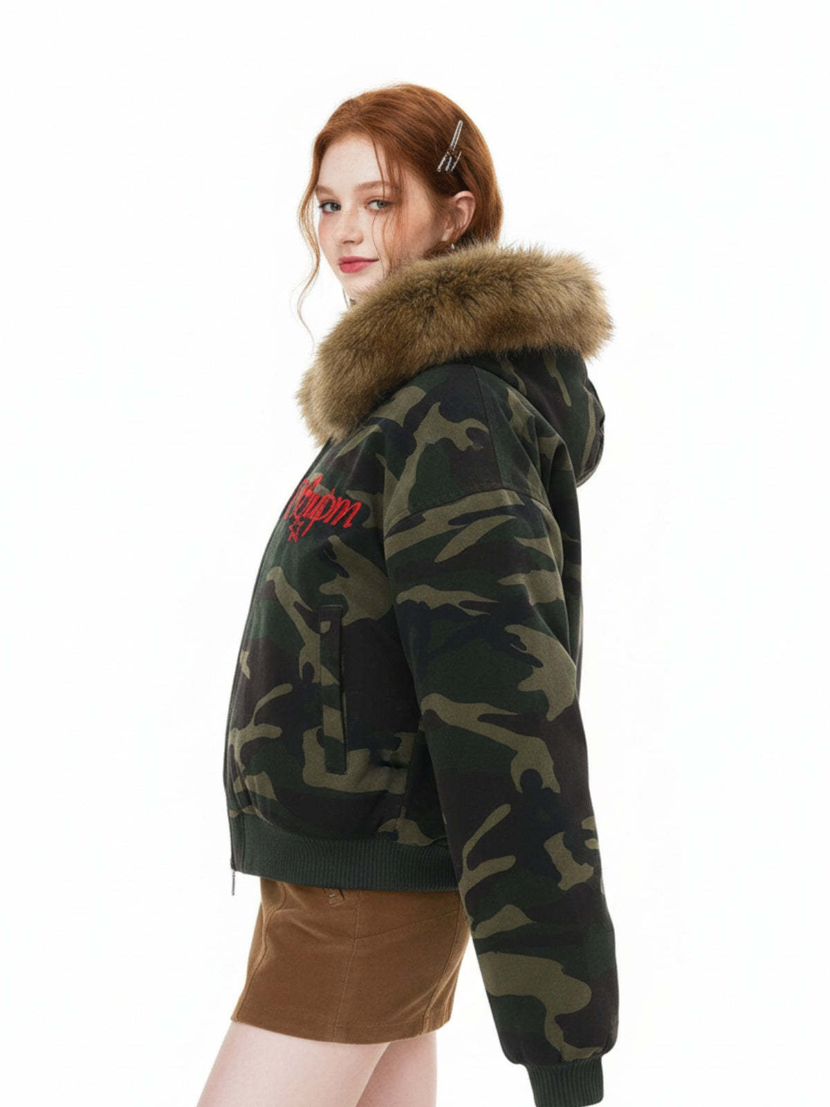 Embroidered Detachable Fur Hooded Jacket