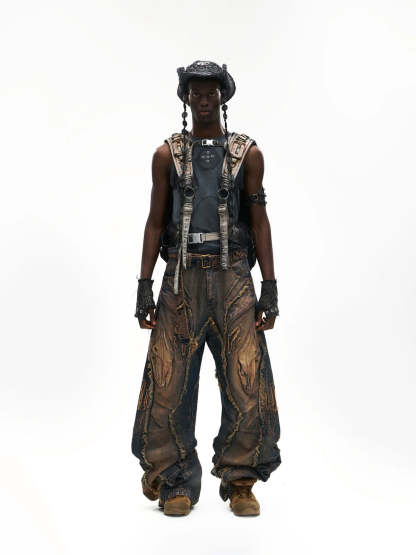 Vintage Wash Curved Leg Patchwork Jeans with Adjustable Length