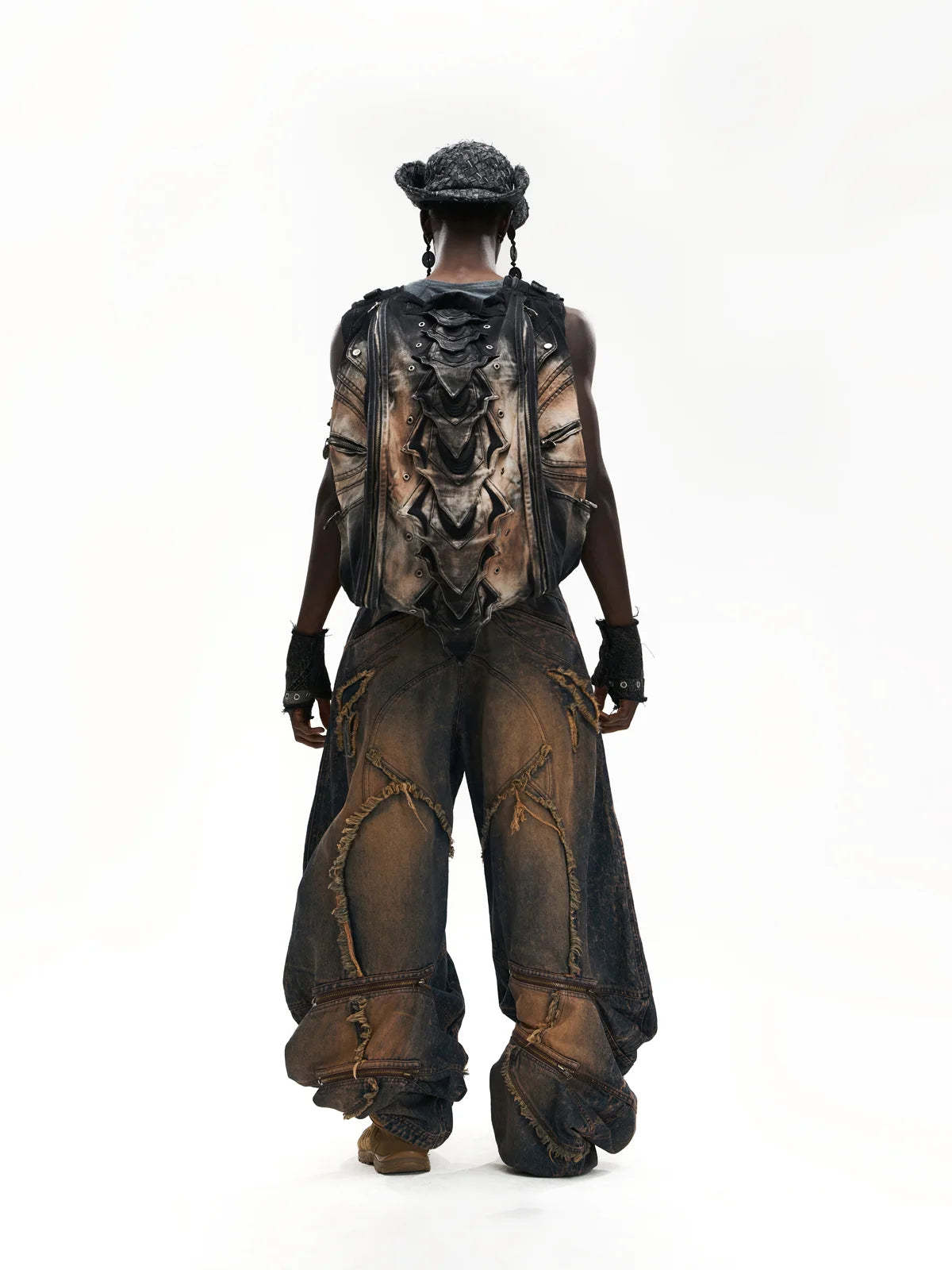 Vintage Wash Curved Leg Patchwork Jeans with Adjustable Length