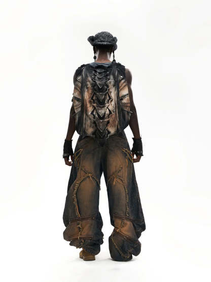 Vintage Wash Curved Leg Patchwork Jeans with Adjustable Length