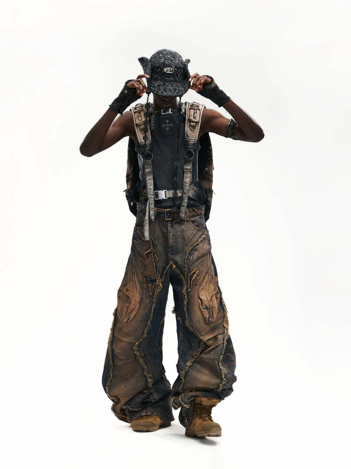 Vintage Wash Curved Leg Patchwork Jeans with Adjustable Length