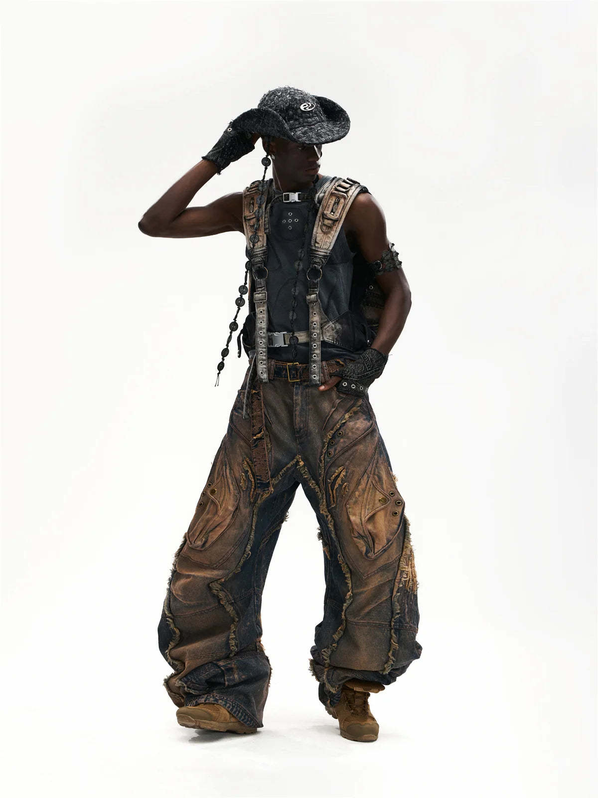 Vintage Wash Curved Leg Patchwork Jeans with Adjustable Length