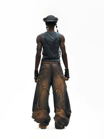 Vintage Wash Curved Leg Patchwork Jeans with Adjustable Length