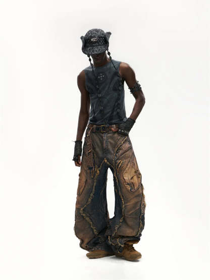 Vintage Wash Curved Leg Patchwork Jeans with Adjustable Length