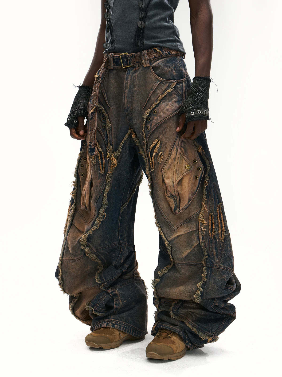 Vintage Wash Curved Leg Patchwork Jeans with Adjustable Length