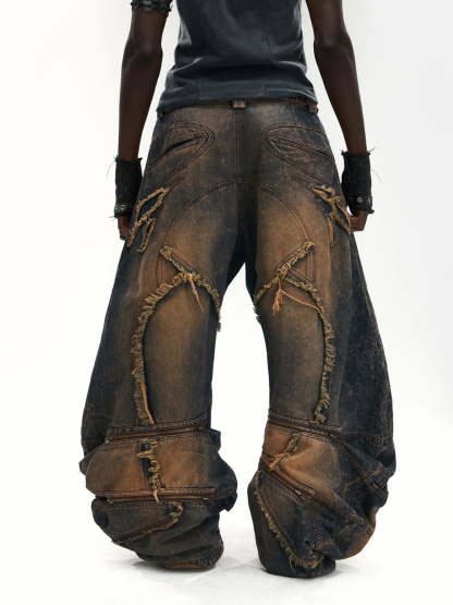 Vintage Wash Curved Leg Patchwork Jeans with Adjustable Length