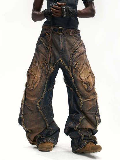 Vintage Wash Curved Leg Patchwork Jeans with Adjustable Length