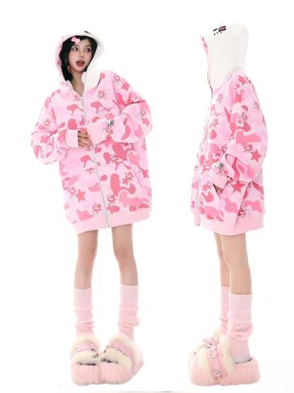 Hellokitty Camouflage Hoodies Fall Jacket Oversized Sweatshirts Casual Drawstring Zip Up Y2K Hoodie with Pocket