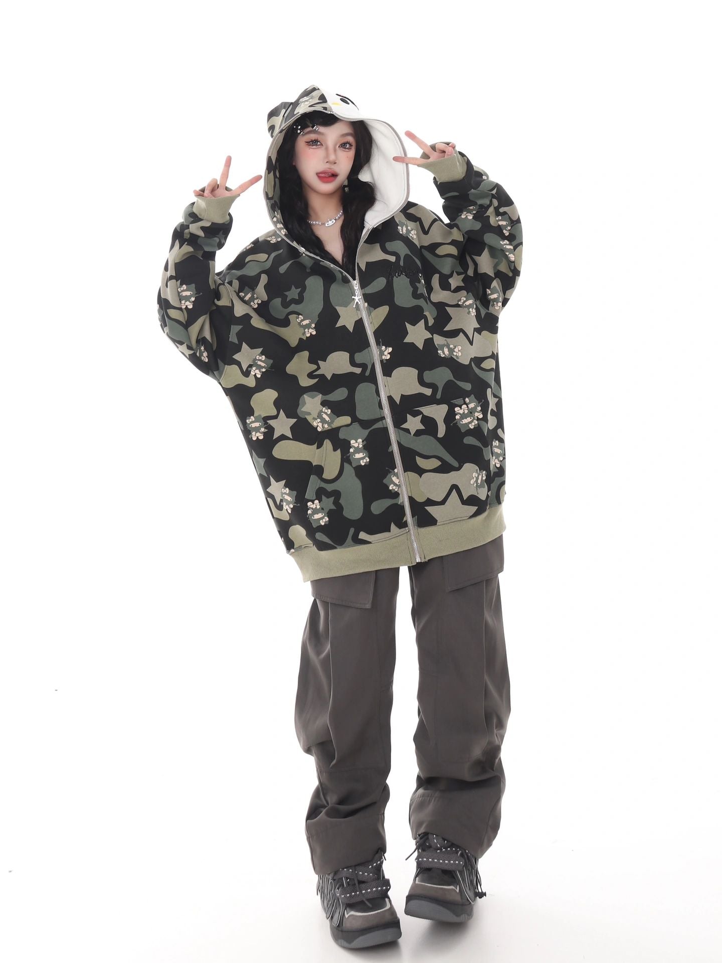 Hellokitty Camouflage Hoodies Fall Jacket Oversized Sweatshirts Casual Drawstring Zip Up Y2K Hoodie with Pocket