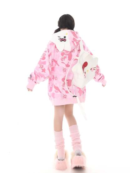 Hellokitty Camouflage Hoodies Fall Jacket Oversized Sweatshirts Casual Drawstring Zip Up Y2K Hoodie with Pocket
