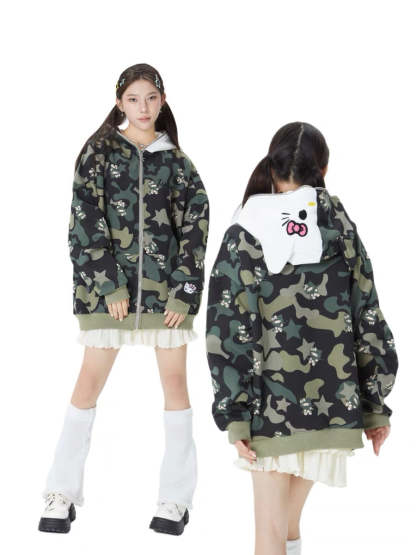 Hellokitty Camouflage Hoodies Fall Jacket Oversized Sweatshirts Casual Drawstring Zip Up Y2K Hoodie with Pocket