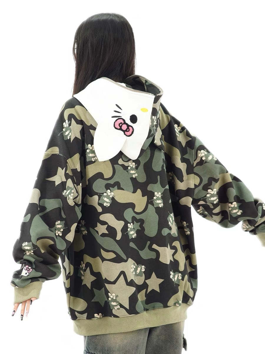 Hellokitty Camouflage Hoodies Fall Jacket Oversized Sweatshirts Casual Drawstring Zip Up Y2K Hoodie with Pocket
