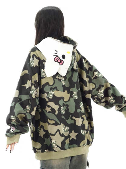 Hellokitty Camouflage Hoodies Fall Jacket Oversized Sweatshirts Casual Drawstring Zip Up Y2K Hoodie with Pocket